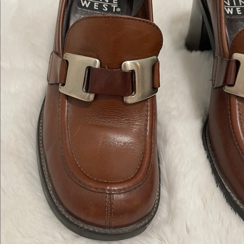 Vintage 90s Nine West Jenkins Brown Leather Chunky Heel Shoes Size 6M - Picture 5 of 14